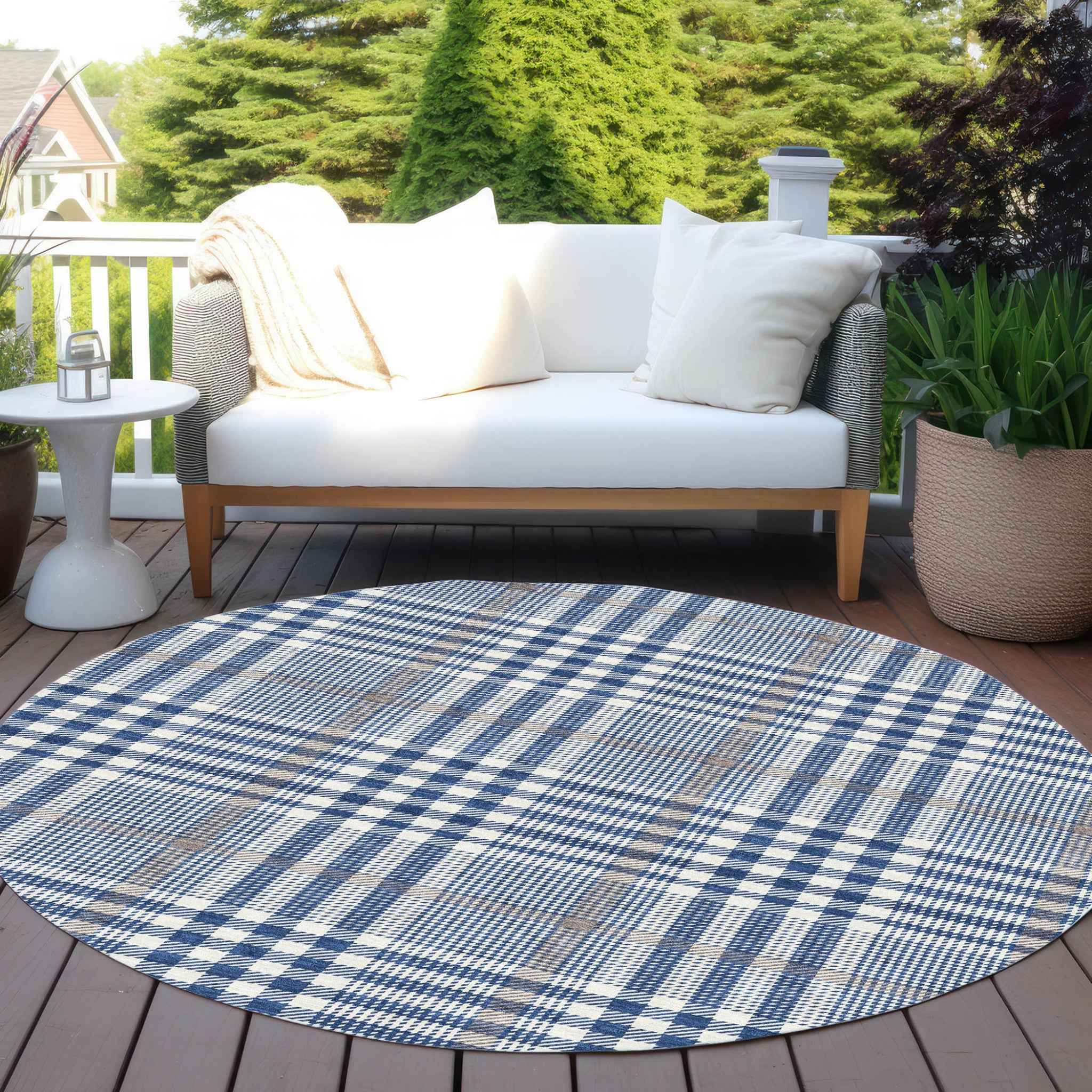 8' Navy Blue Ivory And Brown Round Plaid Washable Indoor Outdoor Area Rug