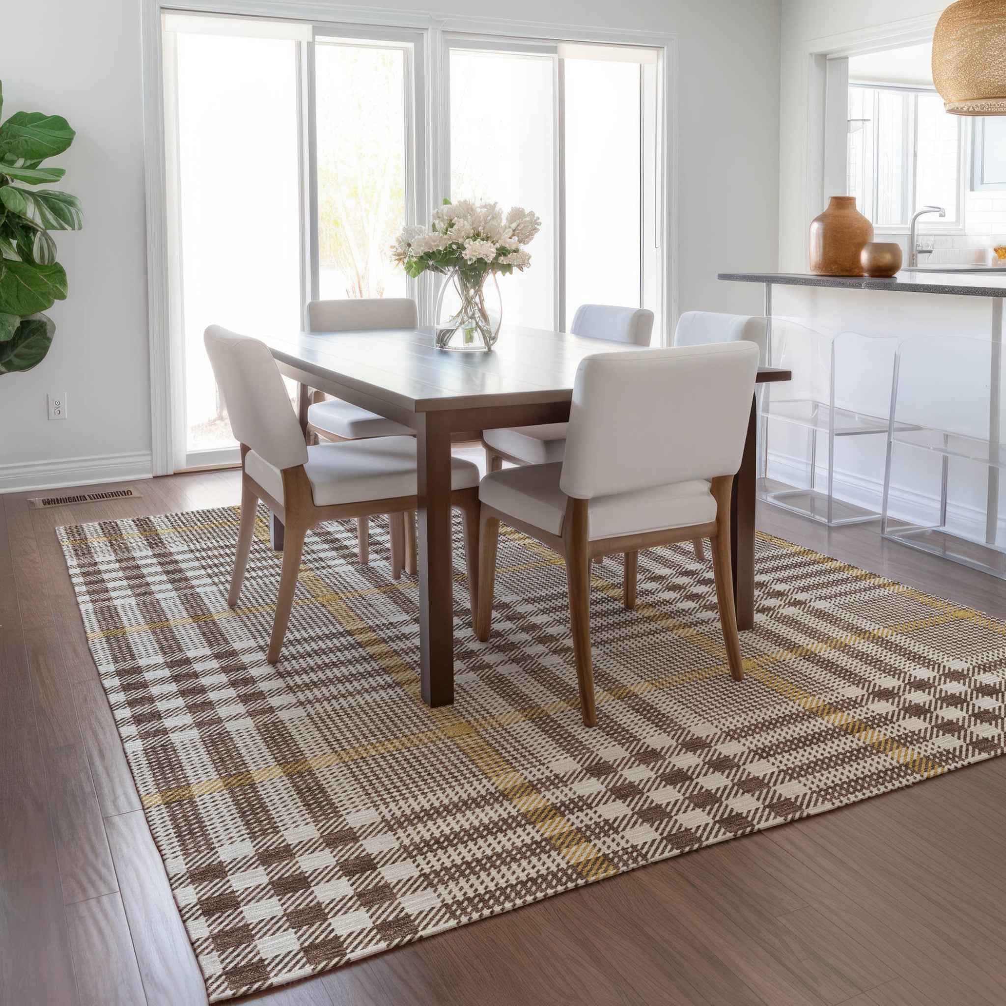 5' X 8' Brown And Beige Plaid Washable Indoor Outdoor Area Rug