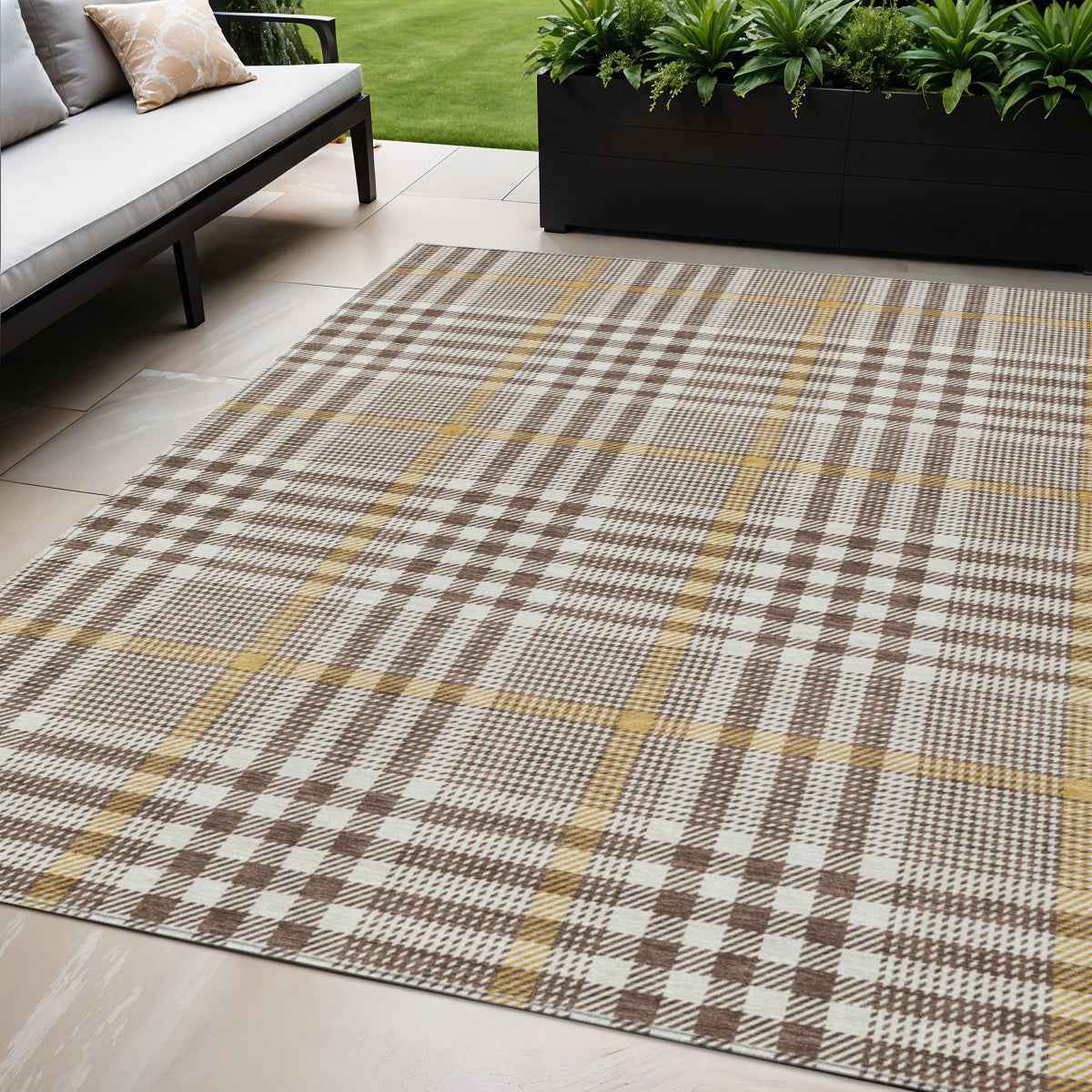 5' X 8' Brown And Beige Plaid Washable Indoor Outdoor Area Rug