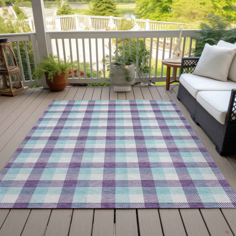 8' X 10' Purple Aqua And Beige Plaid Washable Indoor Outdoor Area Rug