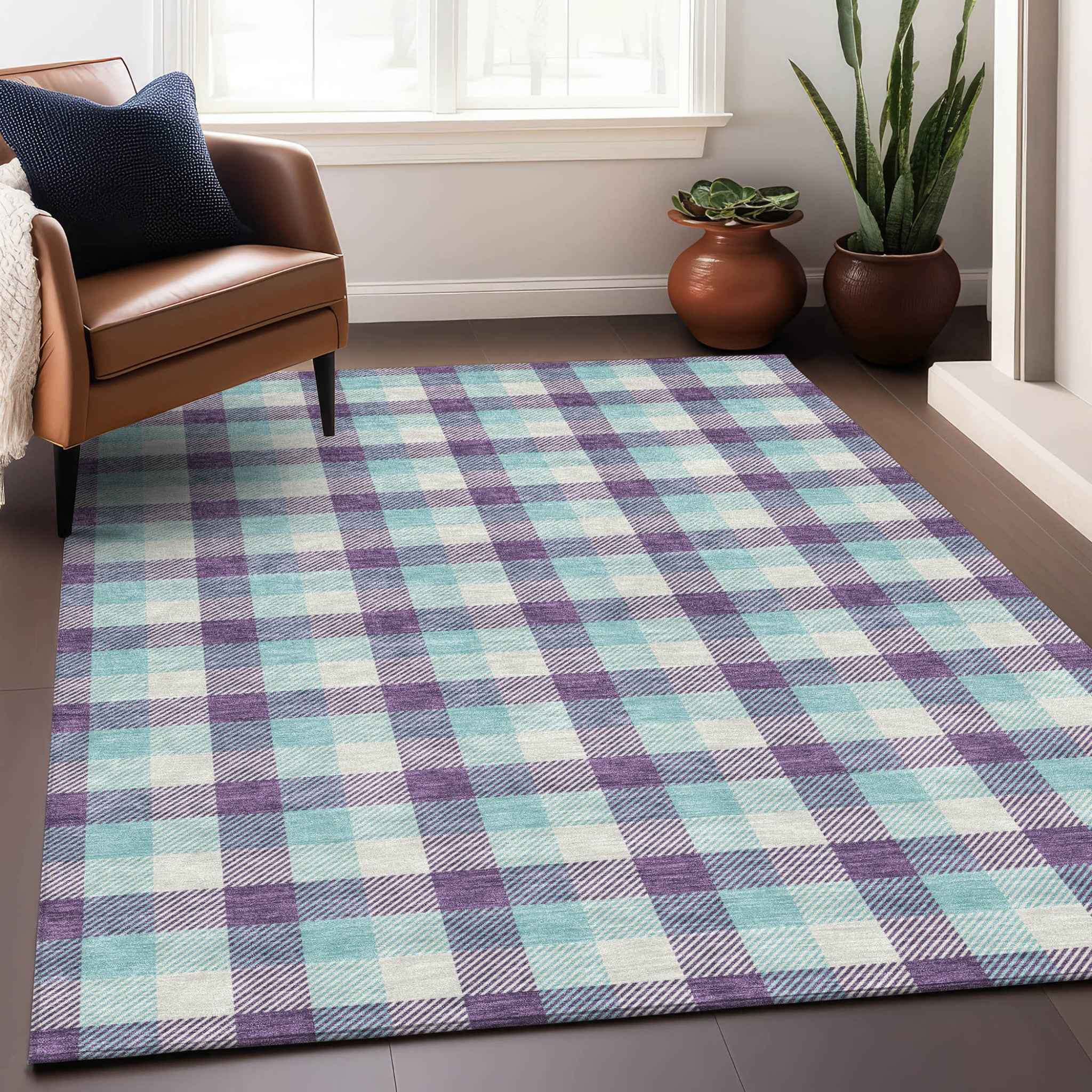 8' X 10' Purple Aqua And Beige Plaid Washable Indoor Outdoor Area Rug