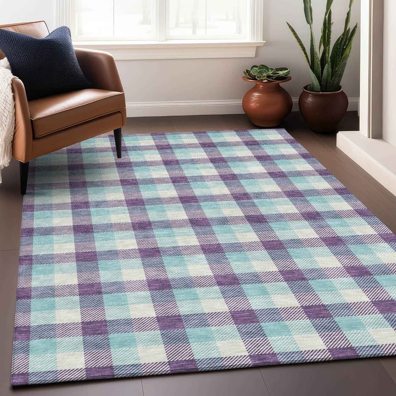 8' X 10' Purple Aqua And Beige Plaid Washable Indoor Outdoor Area Rug