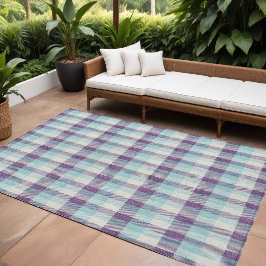 8' X 10' Purple Aqua And Beige Plaid Washable Indoor Outdoor Area Rug