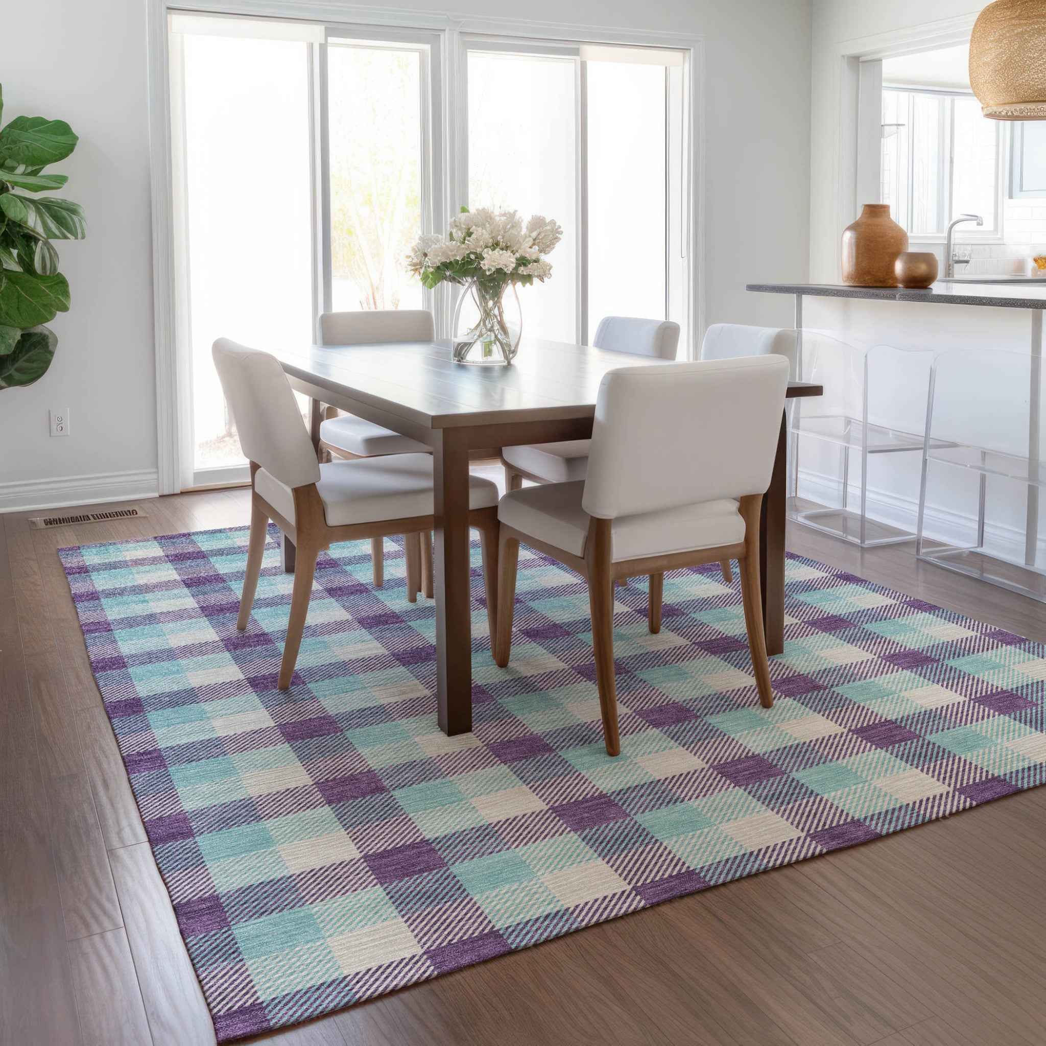8' X 10' Purple Aqua And Beige Plaid Washable Indoor Outdoor Area Rug