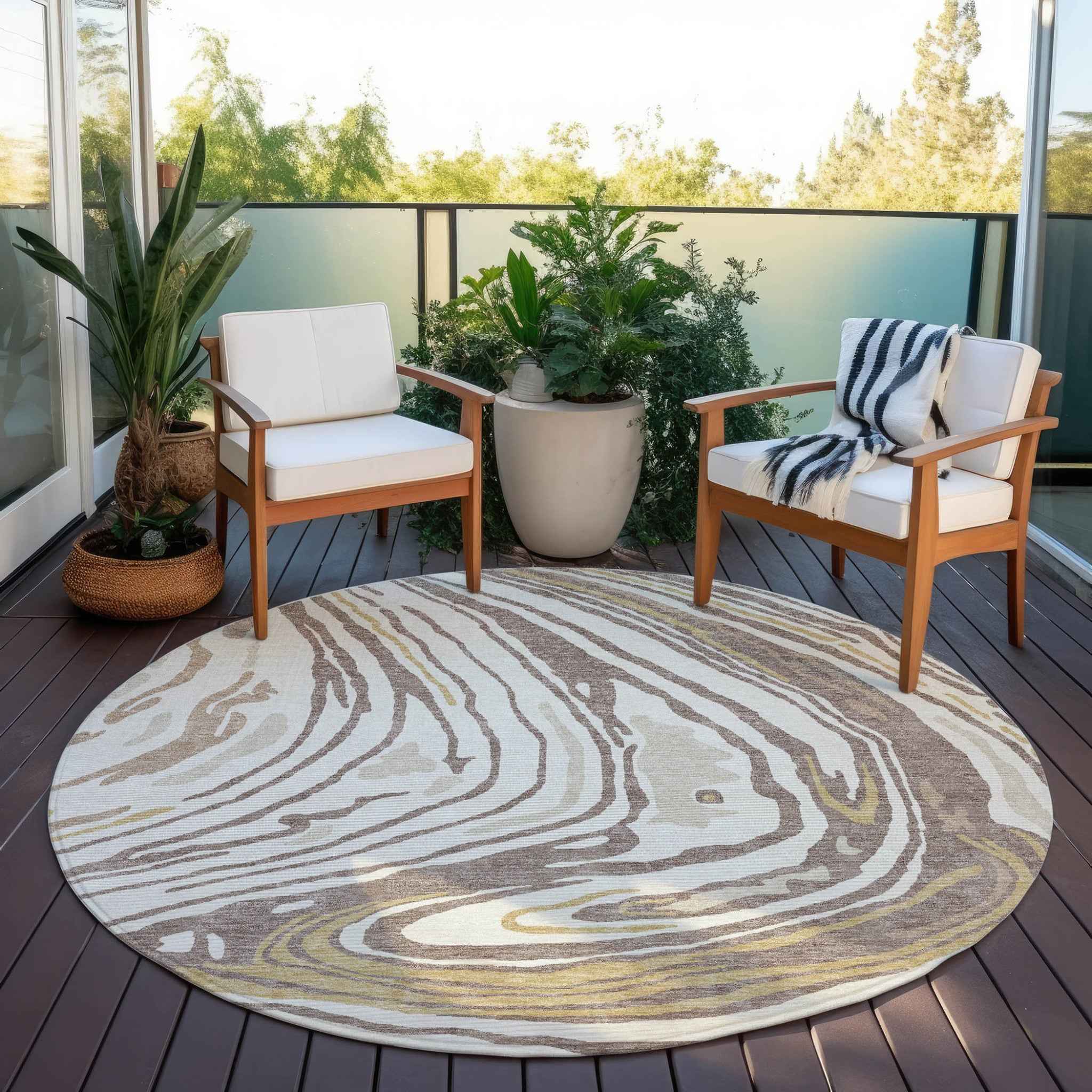 8' Taupe Brown And Beige Round Abstract Washable Indoor Outdoor Area Rug