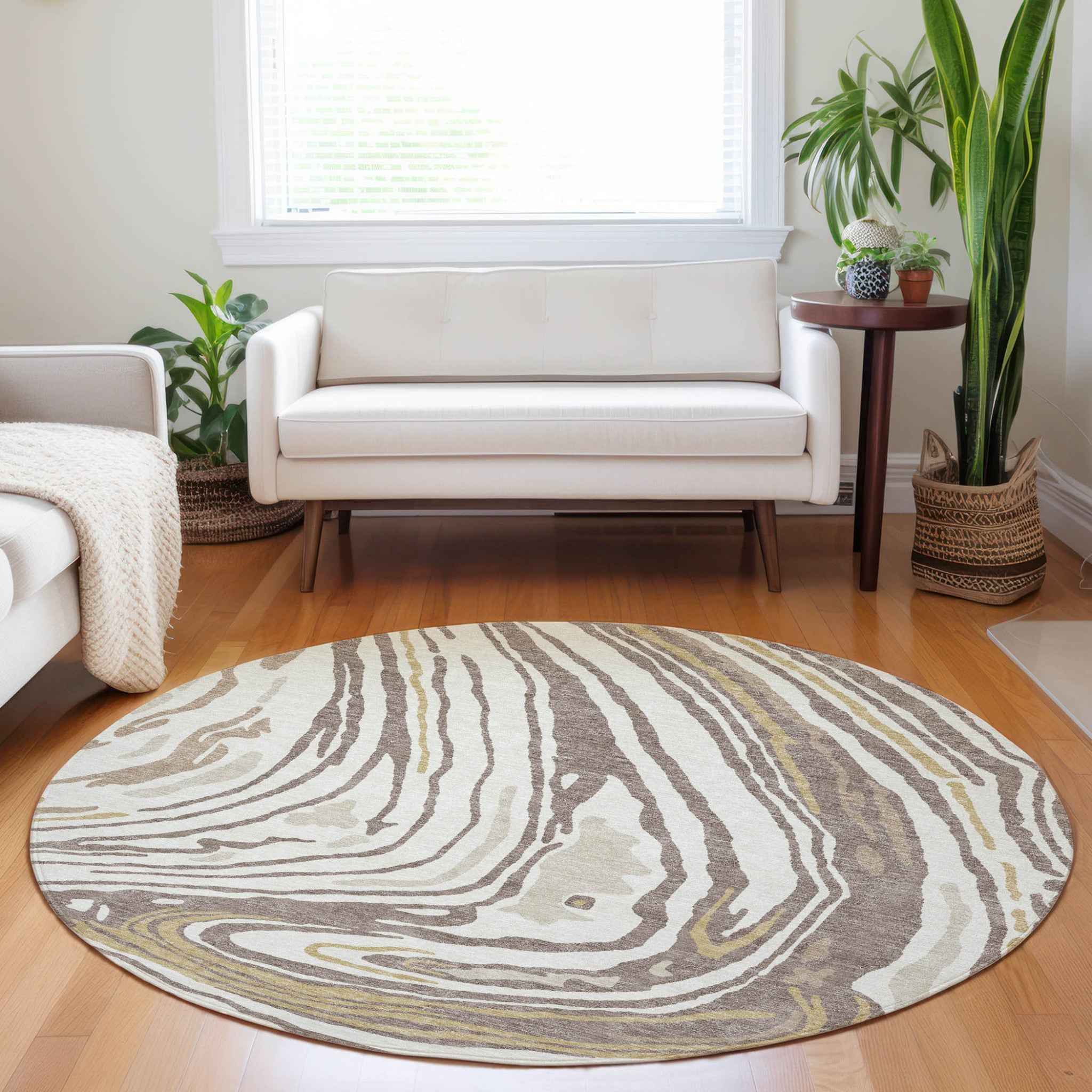 8' Taupe Brown And Beige Round Abstract Washable Indoor Outdoor Area Rug