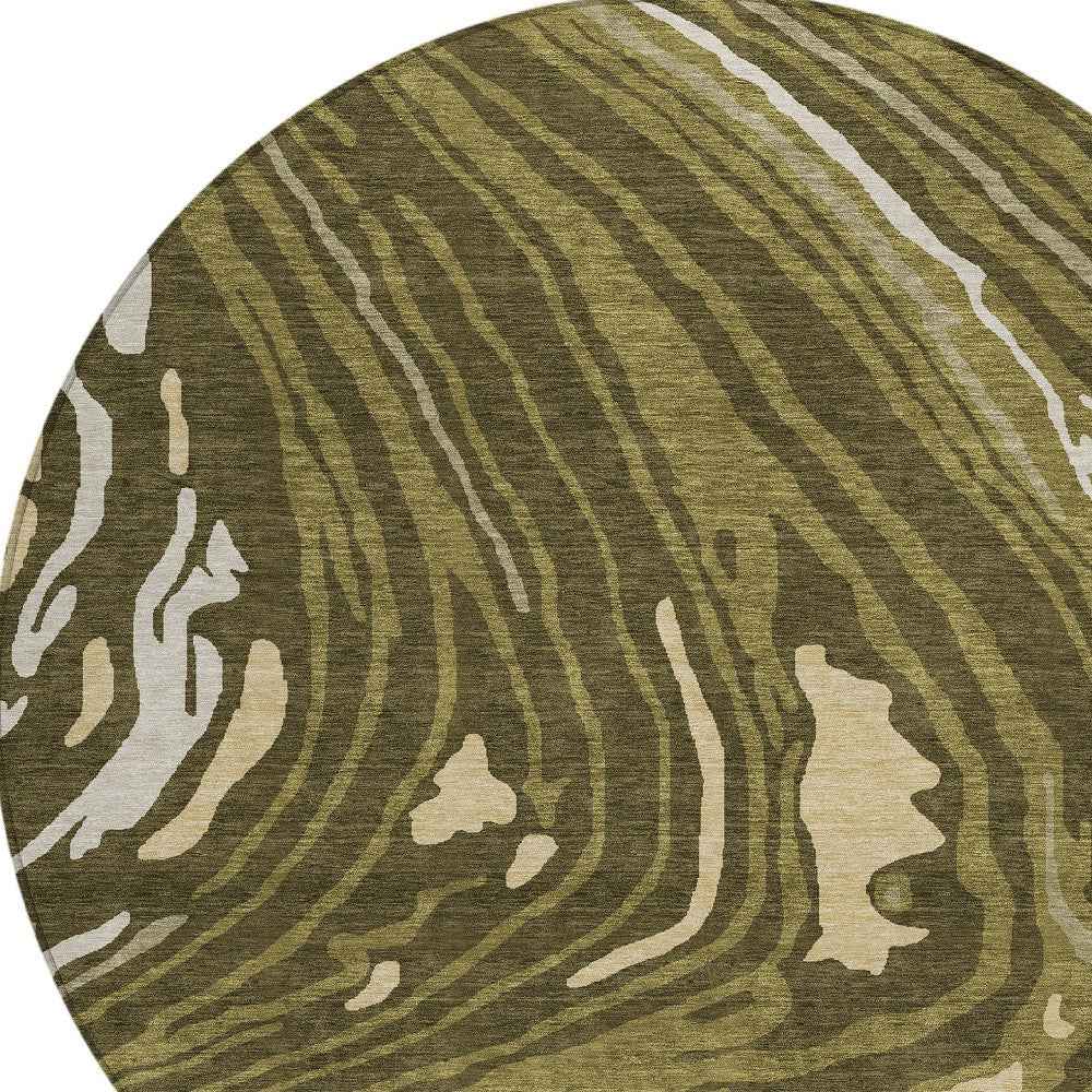 8' Olive Green And Beige Round Abstract Washable Indoor Outdoor Area Rug