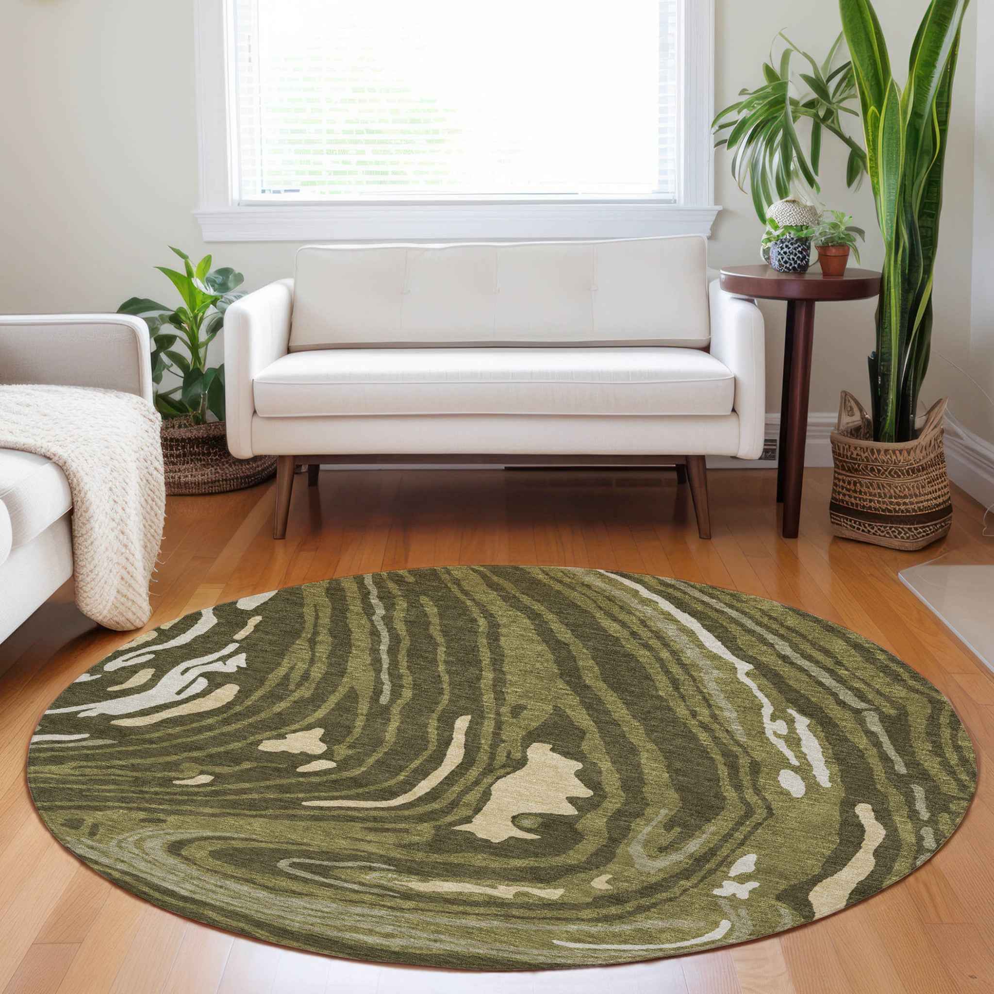 8' Olive Green And Beige Round Abstract Washable Indoor Outdoor Area Rug