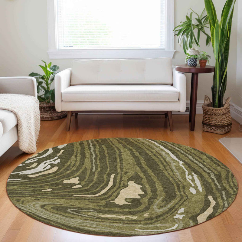 8' Olive Green And Beige Round Abstract Washable Indoor Outdoor Area Rug