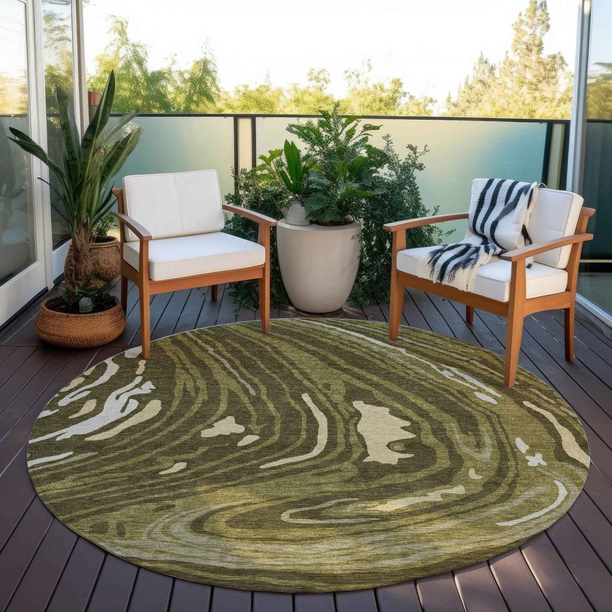 8' Olive Green And Beige Round Abstract Washable Indoor Outdoor Area Rug