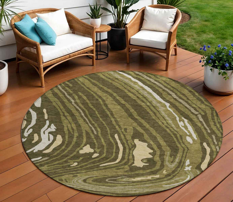 8' Olive Green And Beige Round Abstract Washable Indoor Outdoor Area Rug