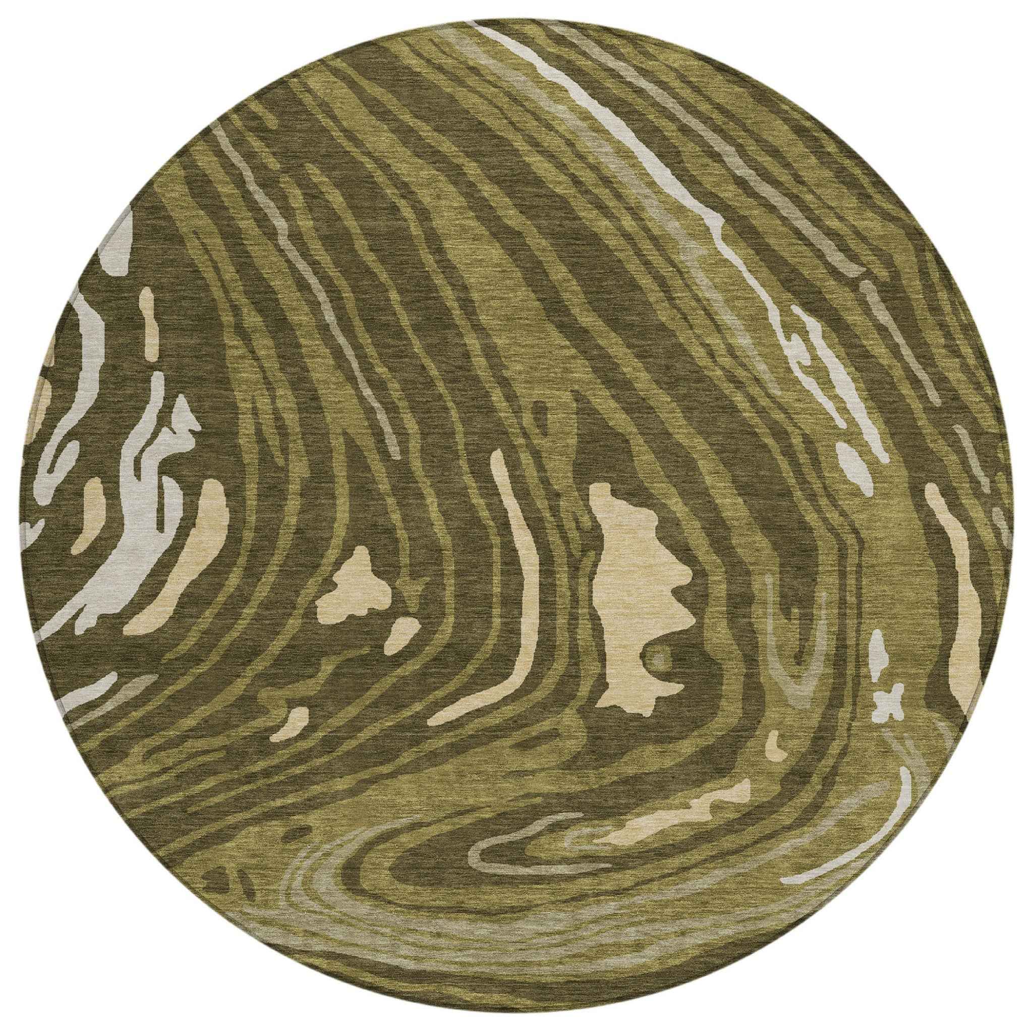8' Olive Green And Beige Round Abstract Washable Indoor Outdoor Area Rug