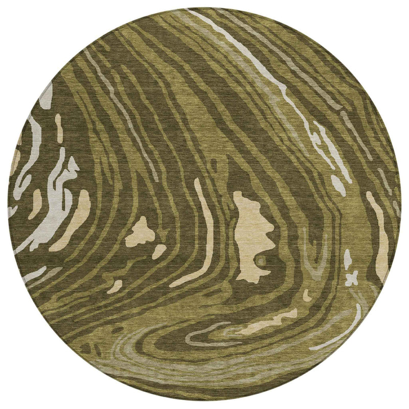 8' Olive Green And Beige Round Abstract Washable Indoor Outdoor Area Rug