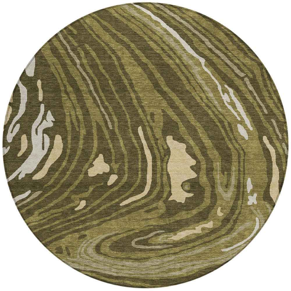8' Olive Green And Beige Round Abstract Washable Indoor Outdoor Area Rug