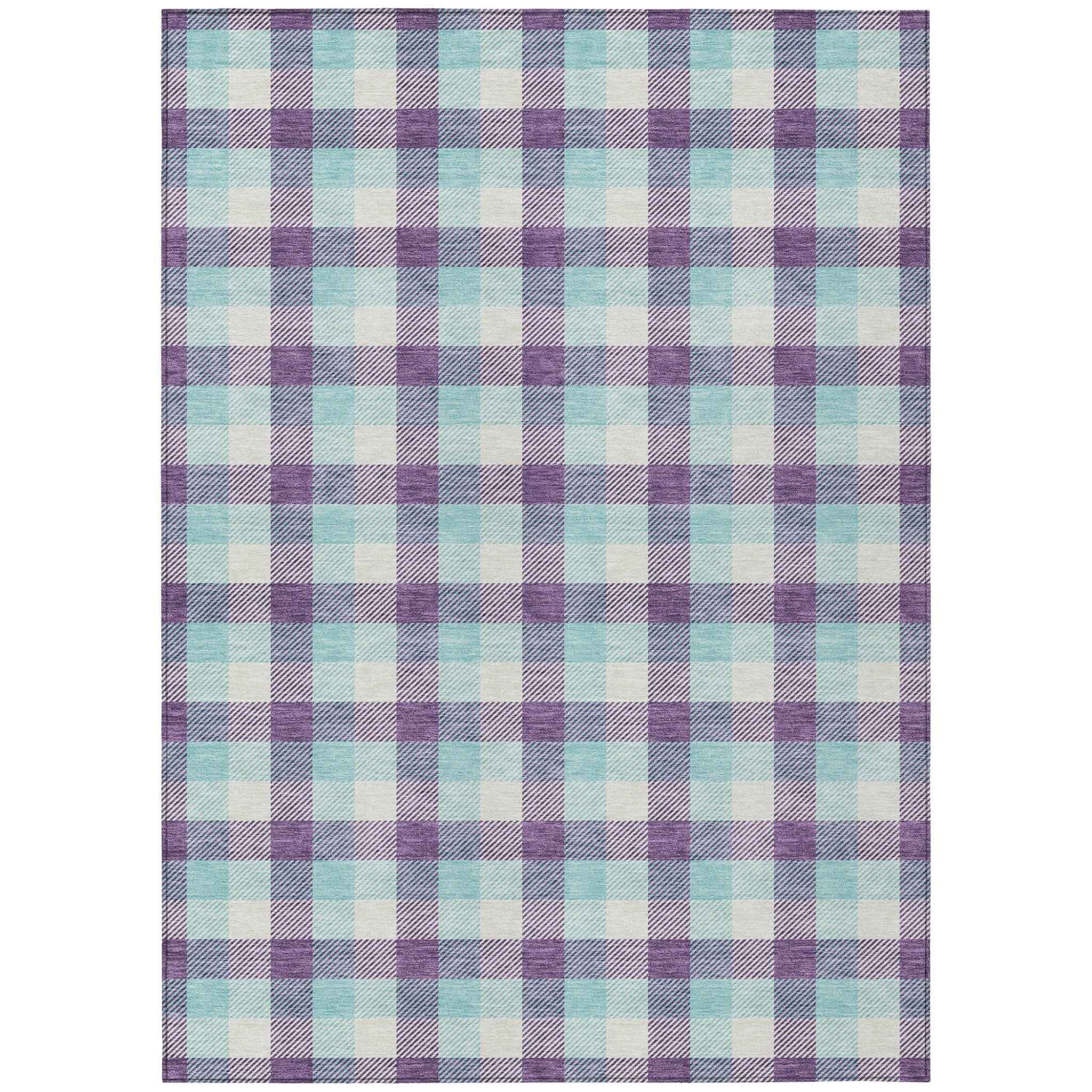 5' X 8' Purple Aqua And Beige Plaid Washable Indoor Outdoor Area Rug