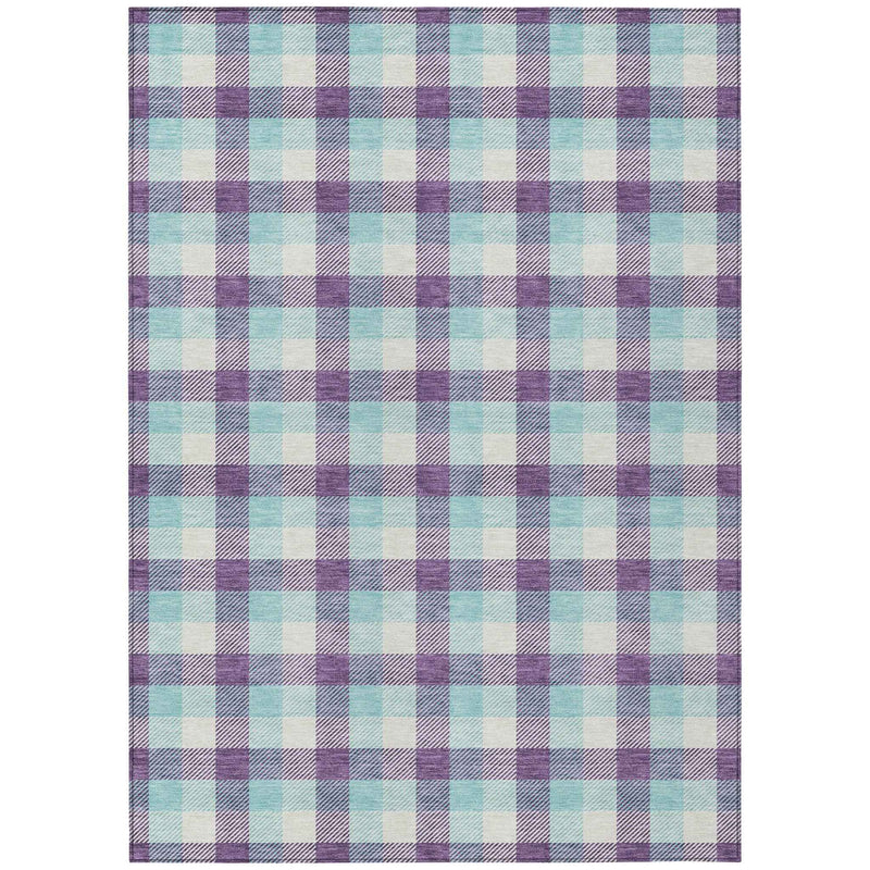 5' X 8' Purple Aqua And Beige Plaid Washable Indoor Outdoor Area Rug