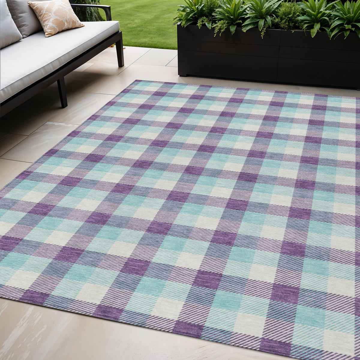 5' X 8' Purple Aqua And Beige Plaid Washable Indoor Outdoor Area Rug