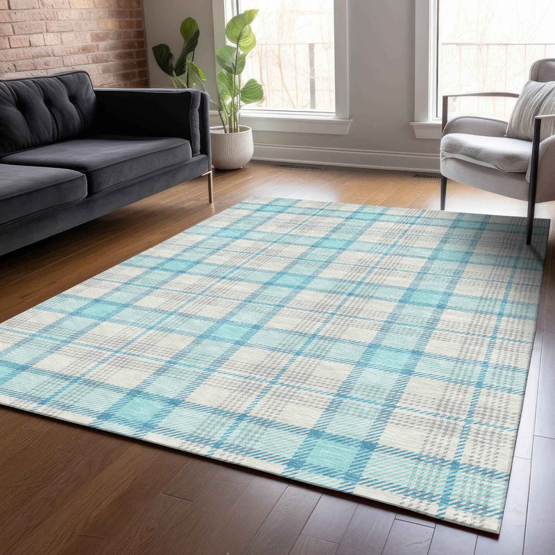 10' X 14' Aqua And Gray Plaid Washable Indoor Outdoor Area Rug