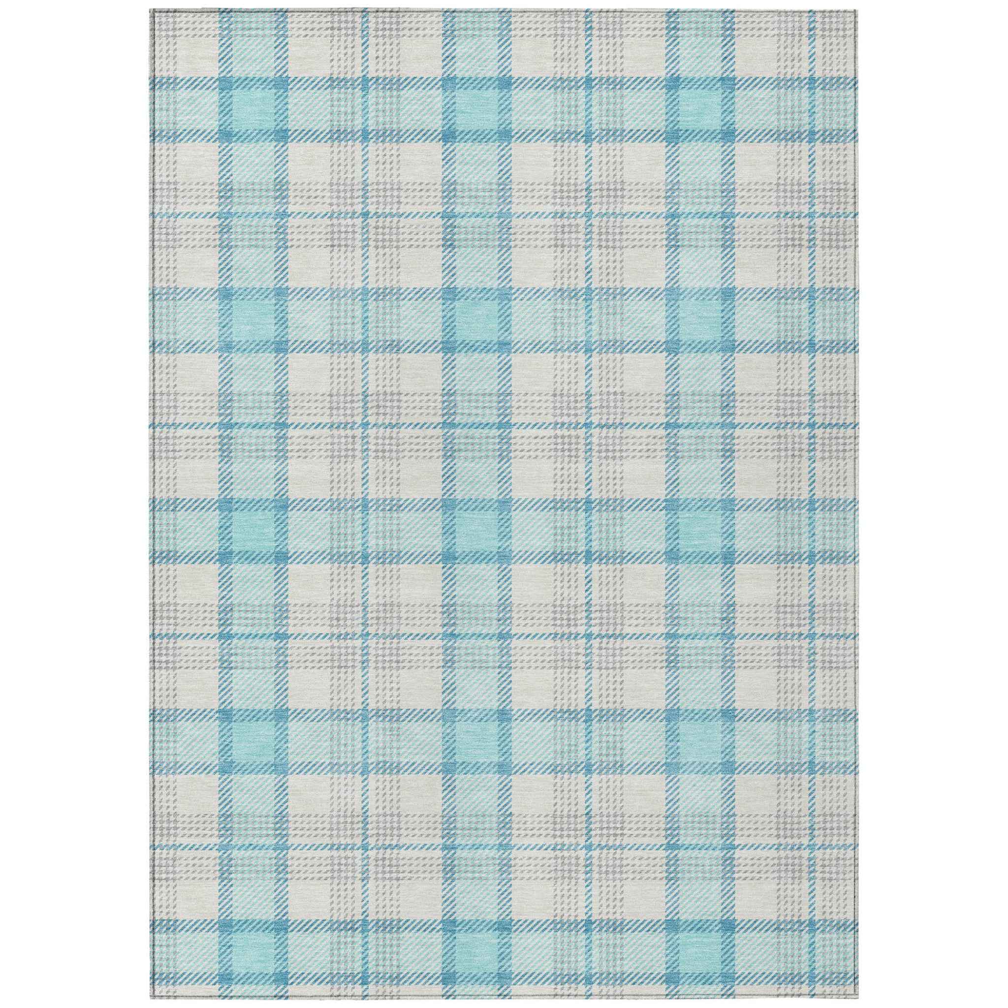 10' X 14' Aqua And Gray Plaid Washable Indoor Outdoor Area Rug