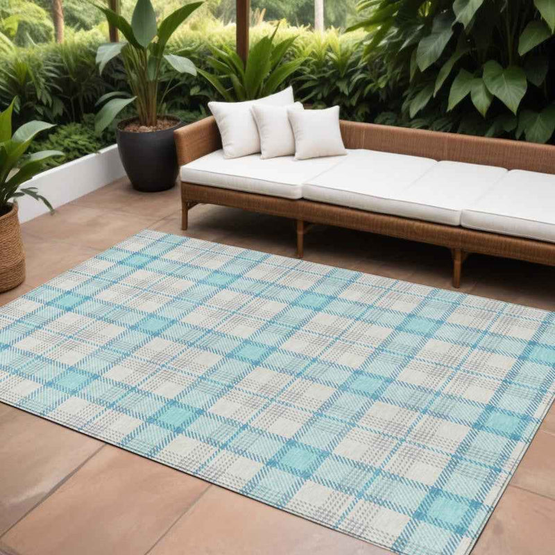 10' X 14' Aqua And Gray Plaid Washable Indoor Outdoor Area Rug