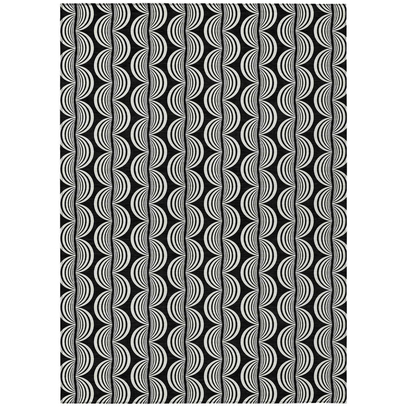 3' X 5' Black And Ivory Ogee Washable Indoor Outdoor Area Rug