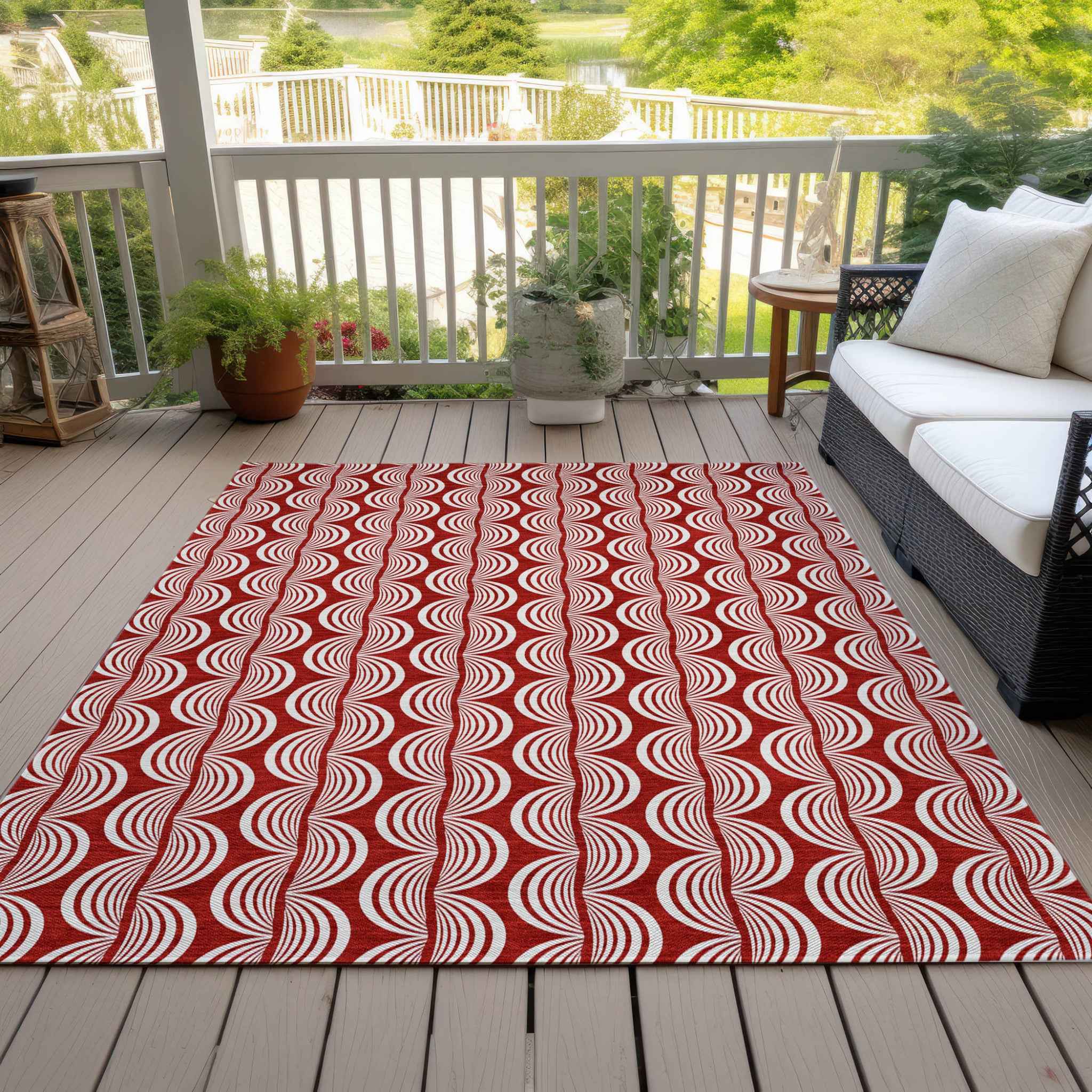 9' X 12' Red And Ivory Ogee Washable Indoor Outdoor Area Rug