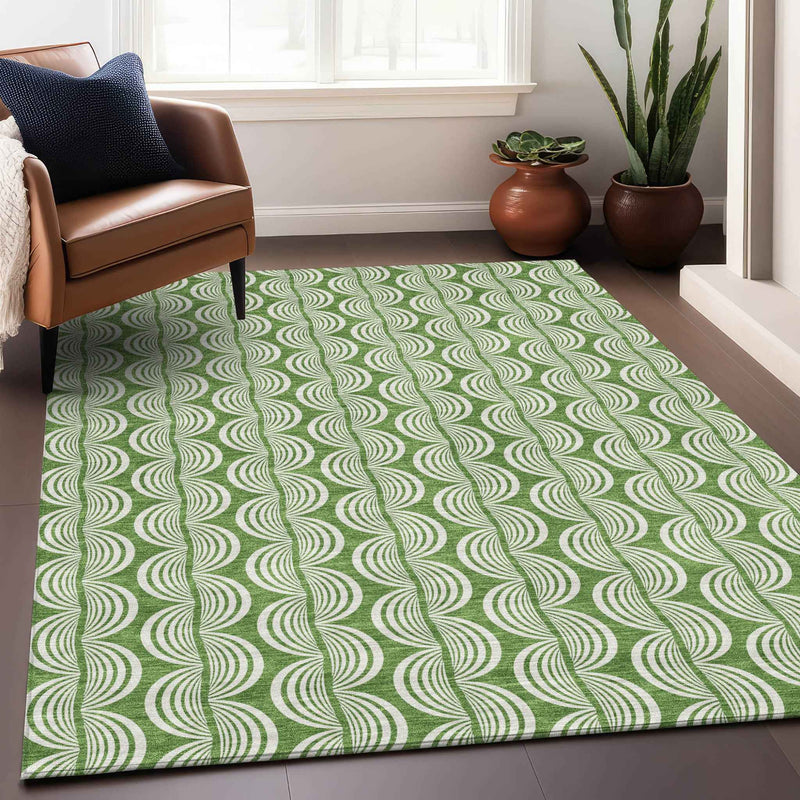 5' X 8' Green And Ivory Ogee Washable Indoor Outdoor Area Rug
