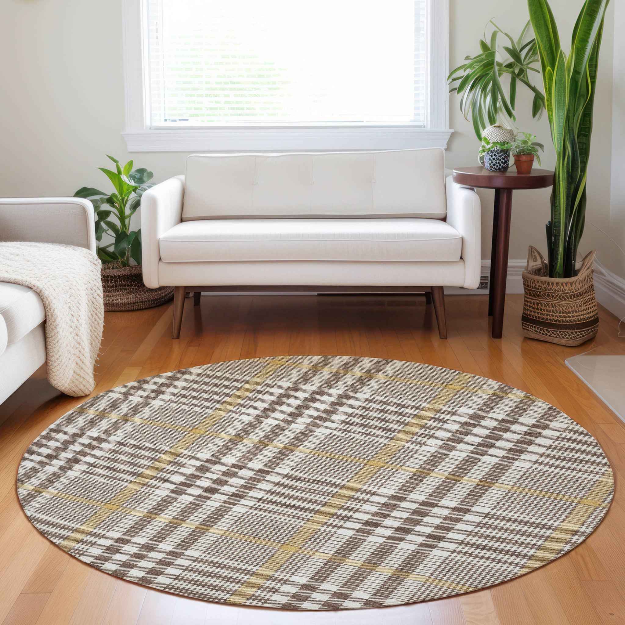 8' Brown And Beige Round Plaid Washable Indoor Outdoor Area Rug