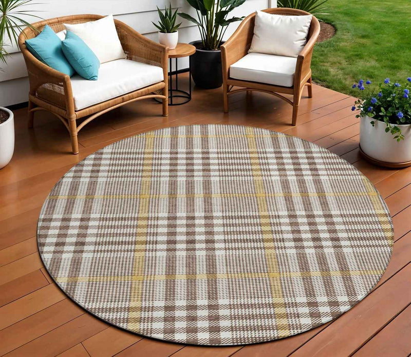 8' Brown And Beige Round Plaid Washable Indoor Outdoor Area Rug