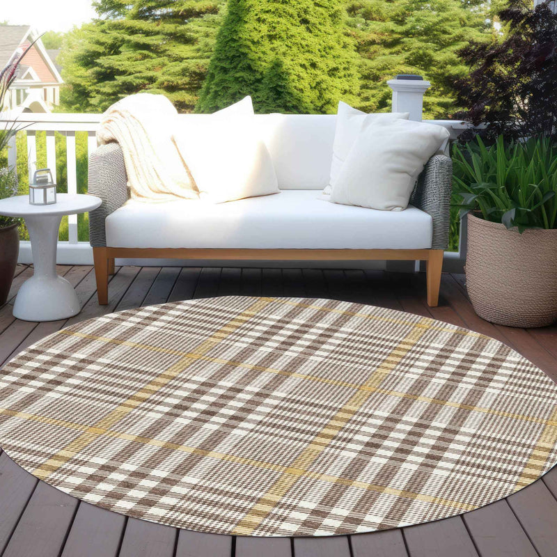 8' Brown And Beige Round Plaid Washable Indoor Outdoor Area Rug