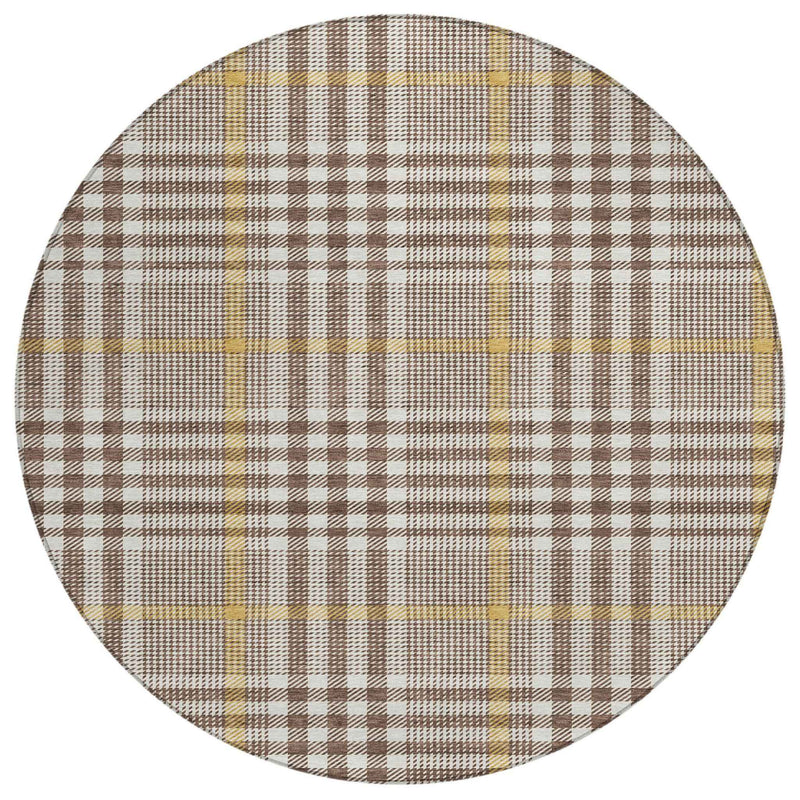8' Brown And Beige Round Plaid Washable Indoor Outdoor Area Rug