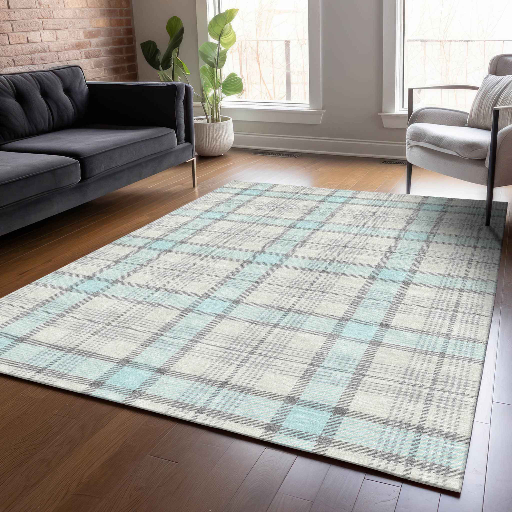 8' X 10' Sky Blue And Gray Plaid Washable Indoor Outdoor Area Rug