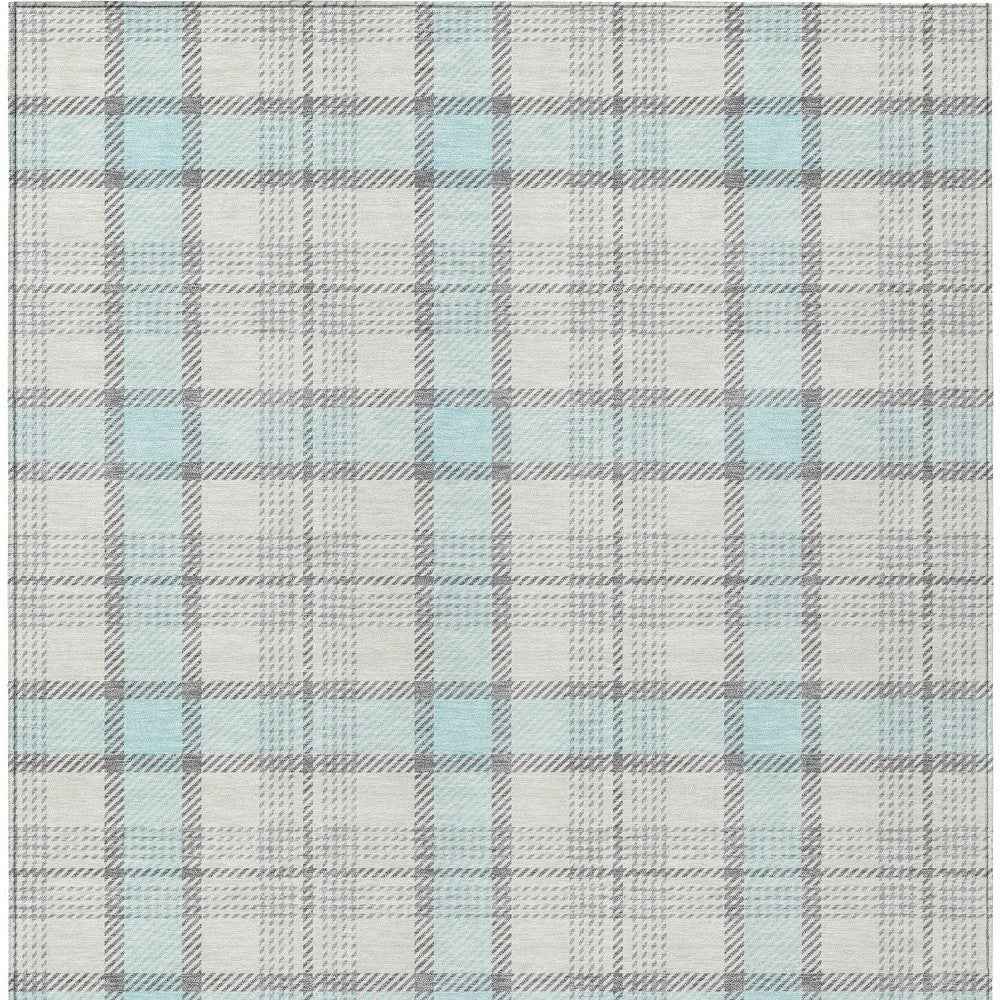 8' X 10' Sky Blue And Gray Plaid Washable Indoor Outdoor Area Rug
