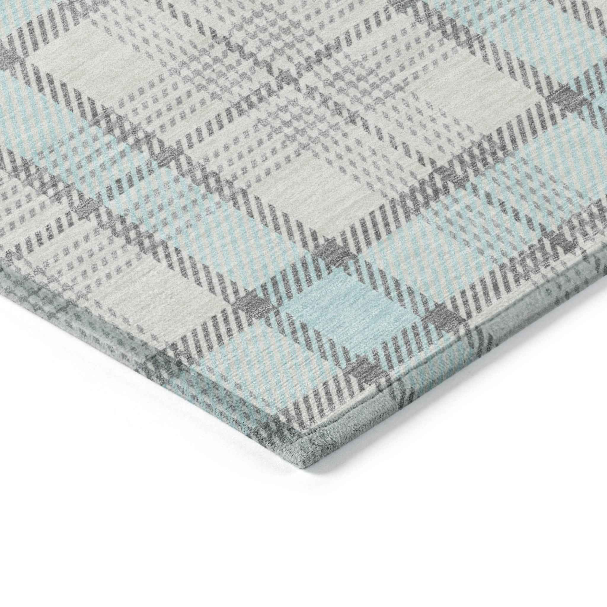 10' X 14' Sky Blue And Gray Plaid Washable Indoor Outdoor Area Rug