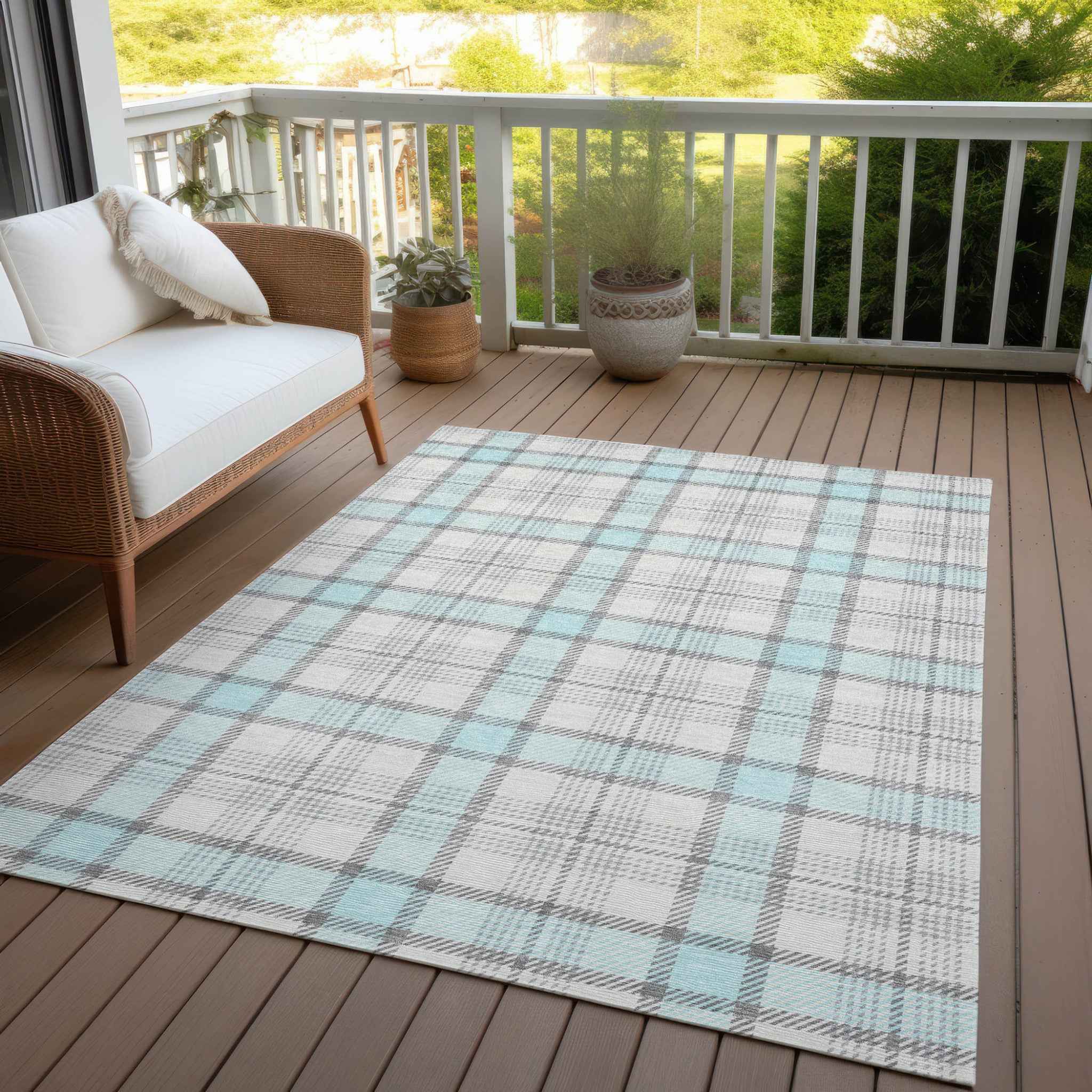 10' X 14' Sky Blue And Gray Plaid Washable Indoor Outdoor Area Rug