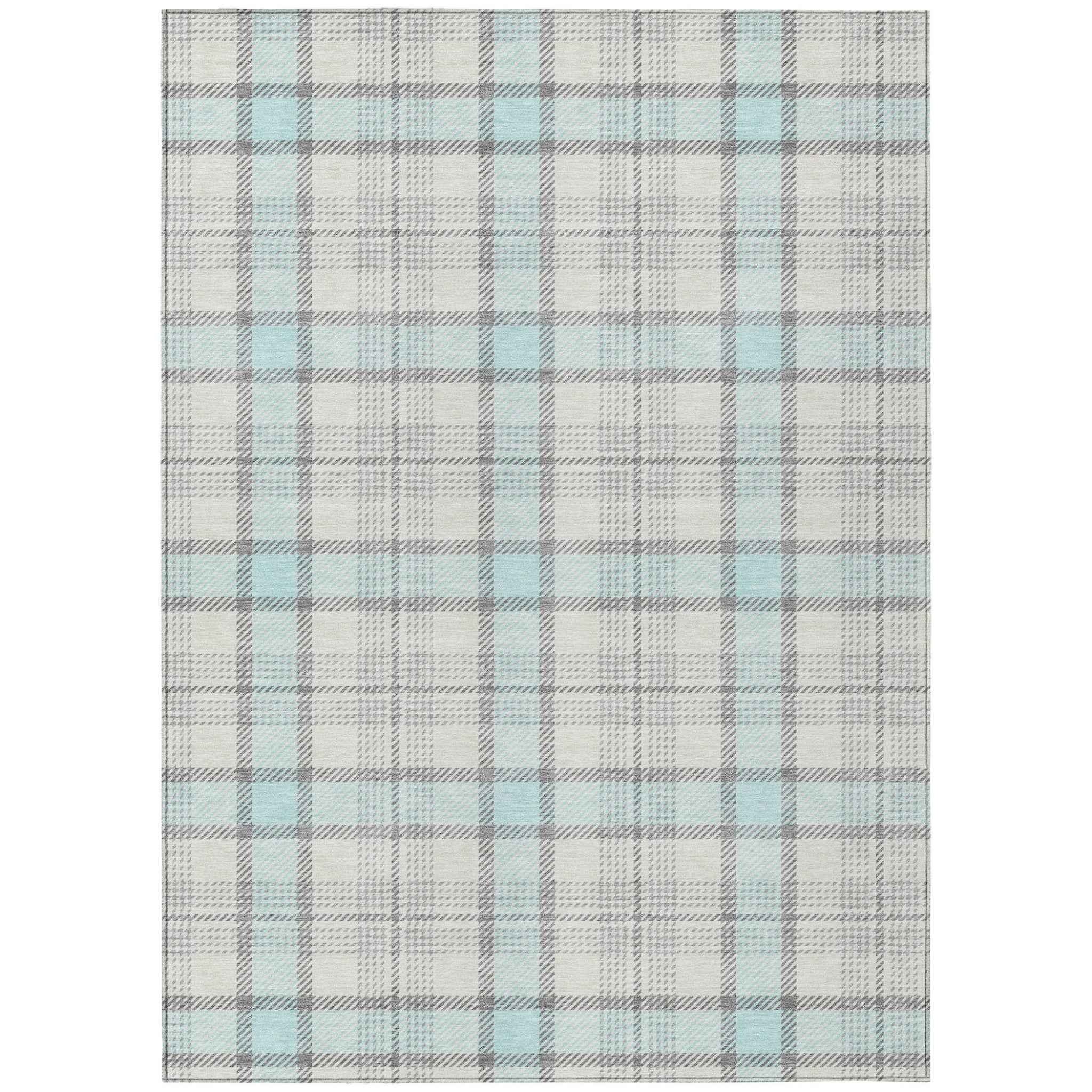 10' X 14' Sky Blue And Gray Plaid Washable Indoor Outdoor Area Rug
