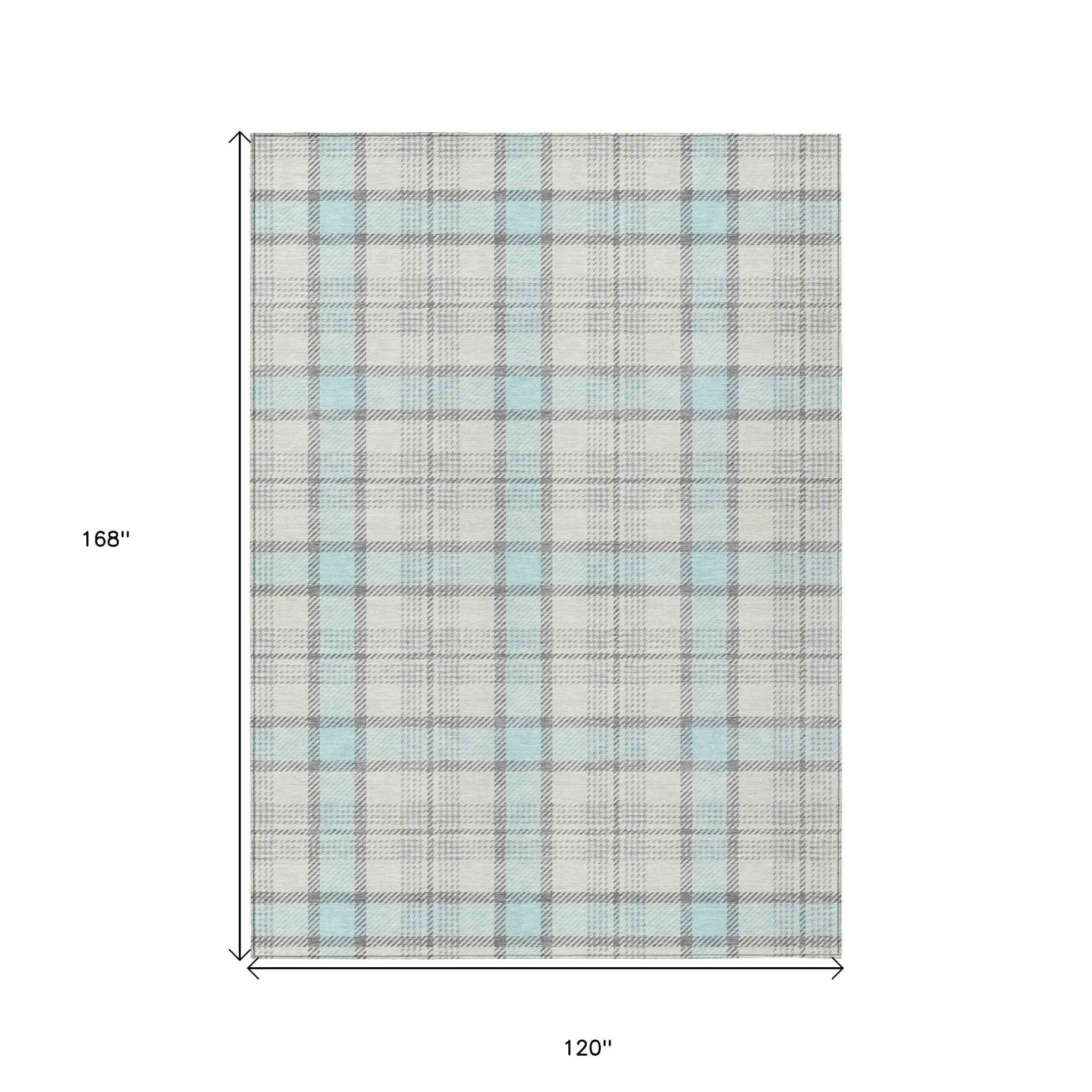 10' X 14' Sky Blue And Gray Plaid Washable Indoor Outdoor Area Rug