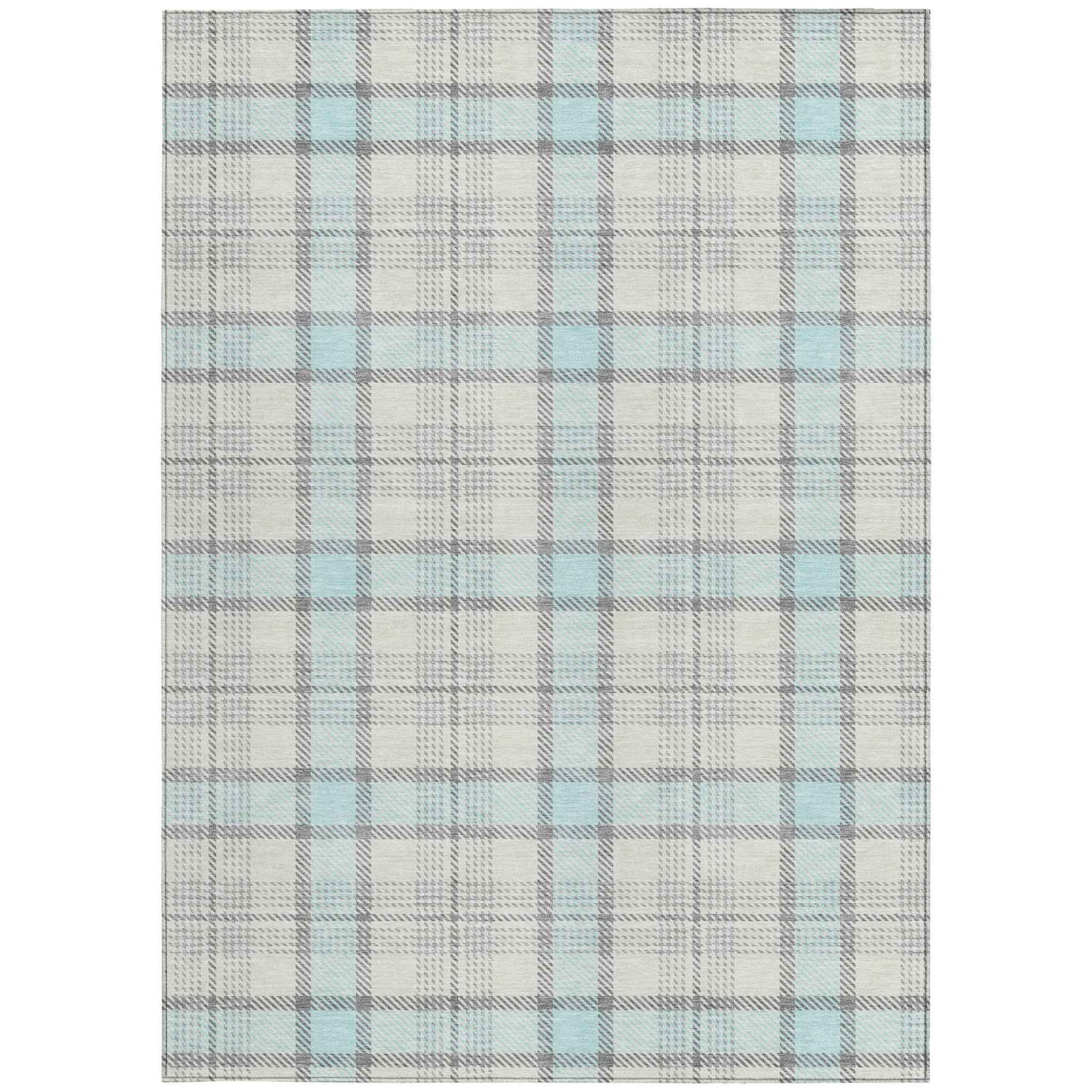 10' X 14' Sky Blue And Gray Plaid Washable Indoor Outdoor Area Rug