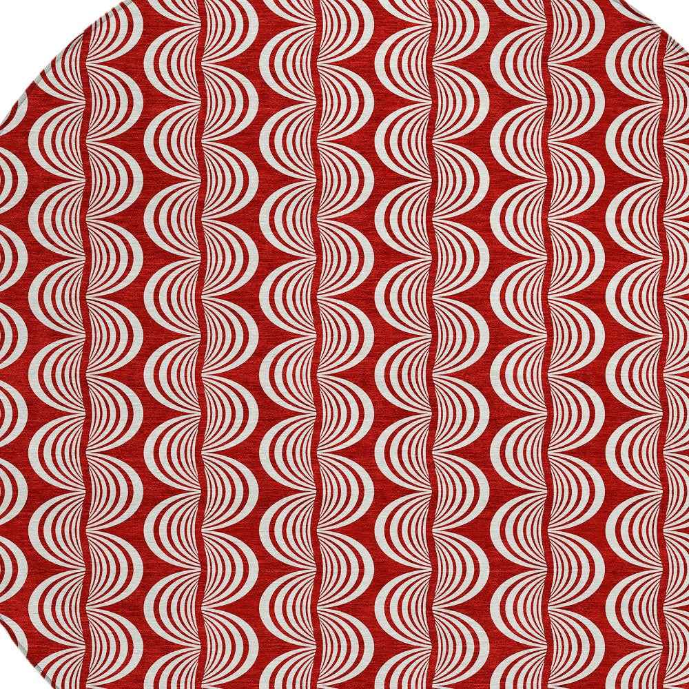 8' Red And Ivory Round Ogee Washable Indoor Outdoor Area Rug