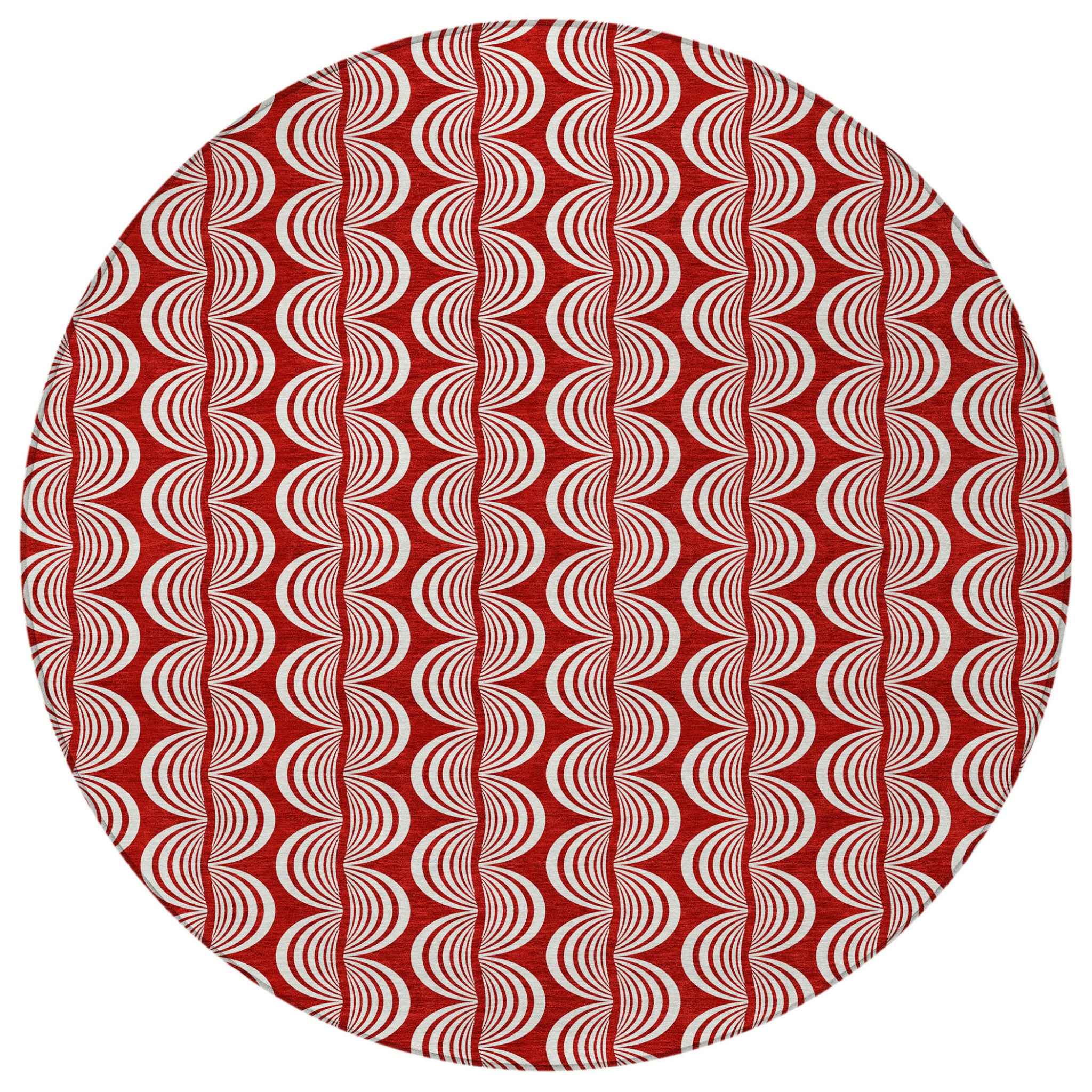 8' Red And Ivory Round Ogee Washable Indoor Outdoor Area Rug