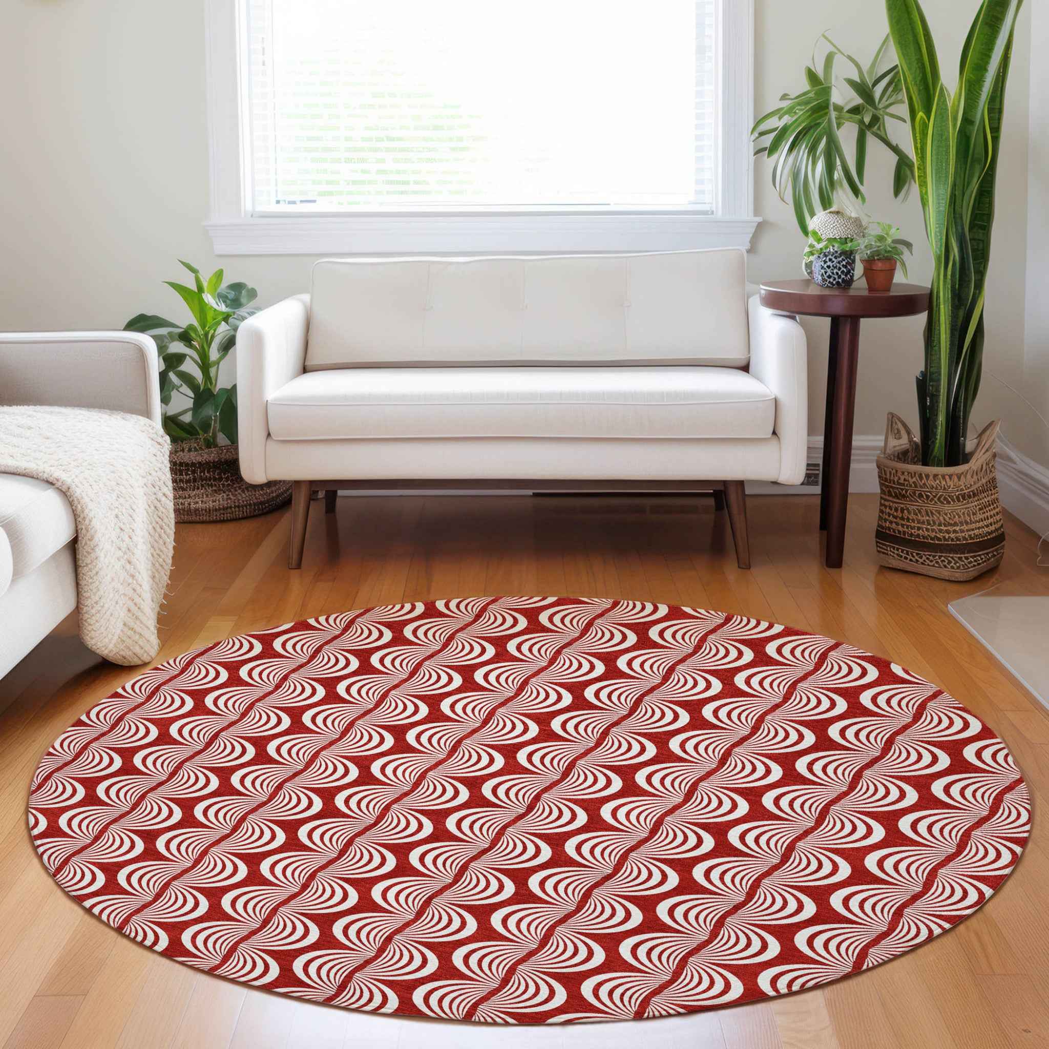 8' Red And Ivory Round Ogee Washable Indoor Outdoor Area Rug