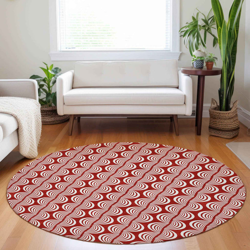 8' Red And Ivory Round Ogee Washable Indoor Outdoor Area Rug