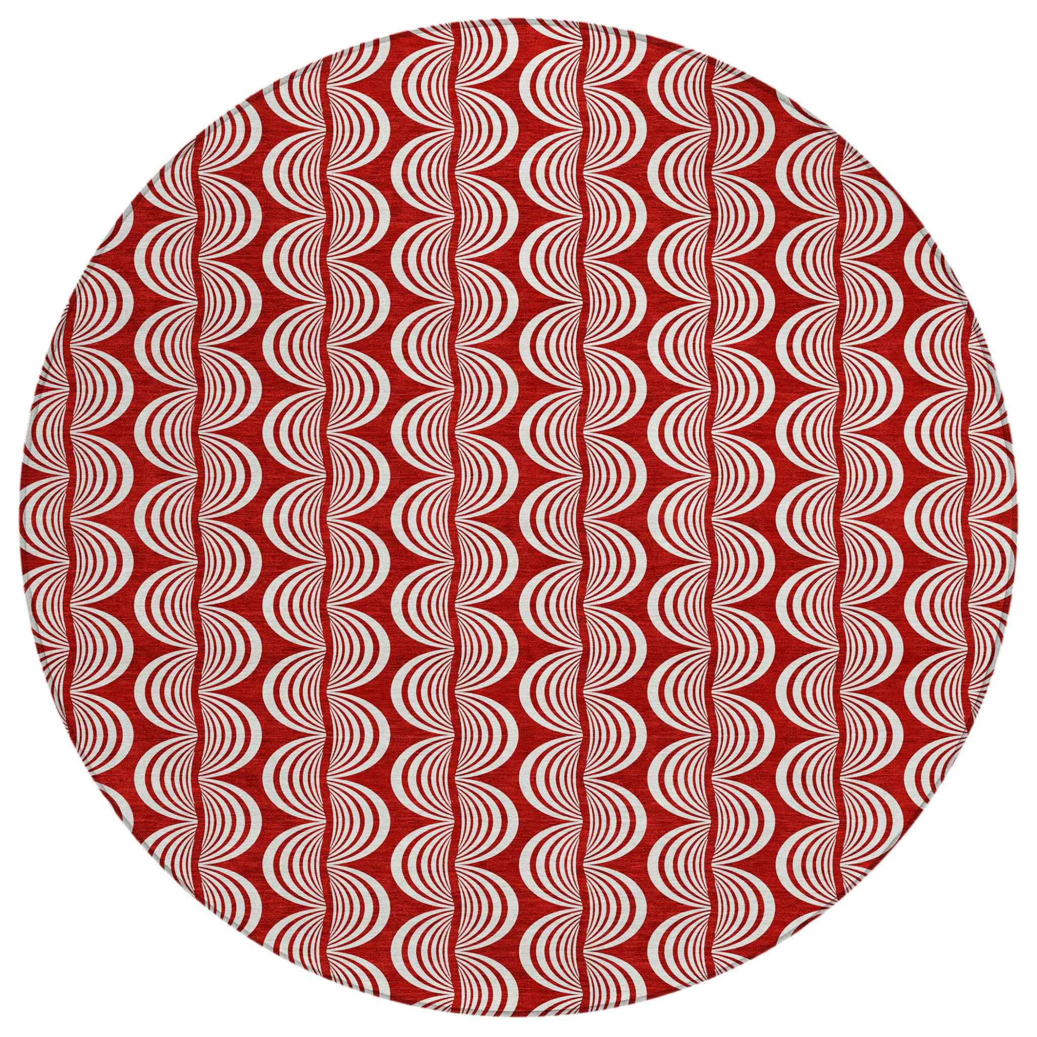8' Red And Ivory Round Ogee Washable Indoor Outdoor Area Rug