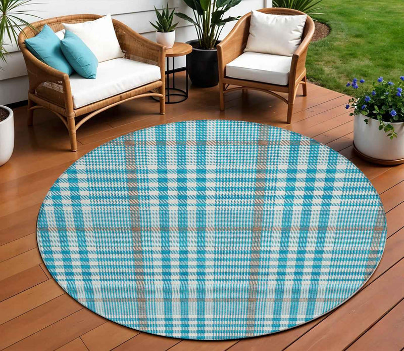 8' Teal Blue Ivory And Brown Round Plaid Washable Indoor Outdoor Area Rug
