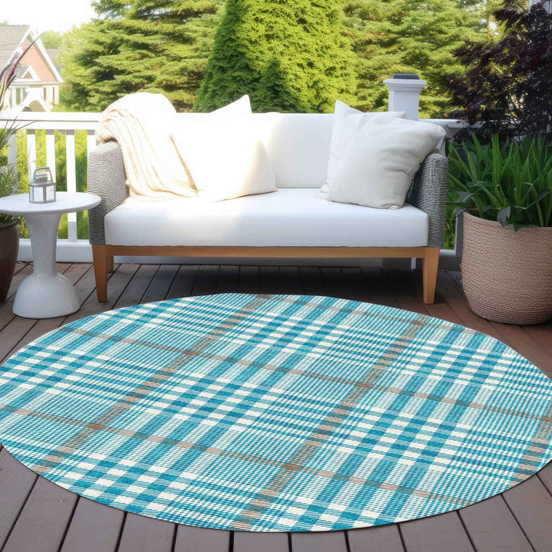 8' Teal Blue Ivory And Brown Round Plaid Washable Indoor Outdoor Area Rug