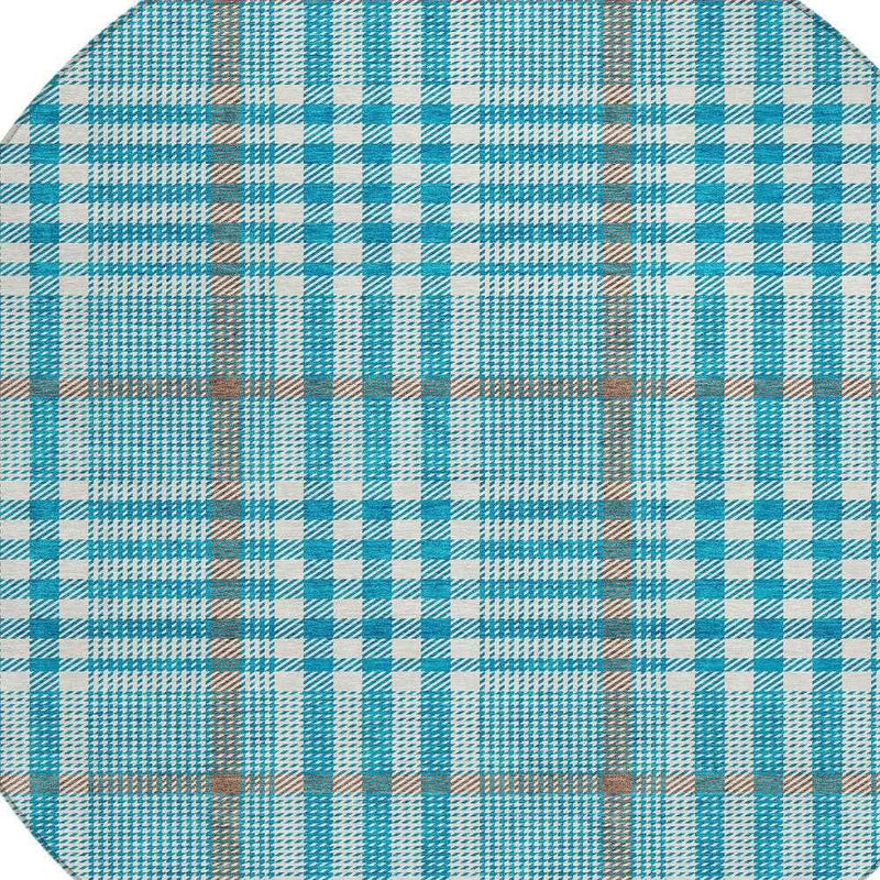 8' Teal Blue Ivory And Brown Round Plaid Washable Indoor Outdoor Area Rug