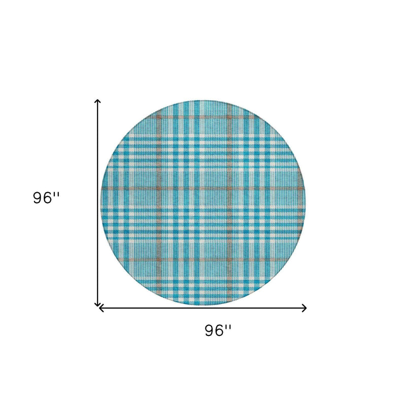 8' Teal Blue Ivory And Brown Round Plaid Washable Indoor Outdoor Area Rug