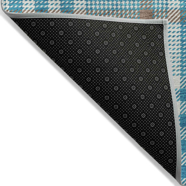 9' X 12' Teal Blue Ivory And Brown Plaid Washable Indoor Outdoor Area Rug