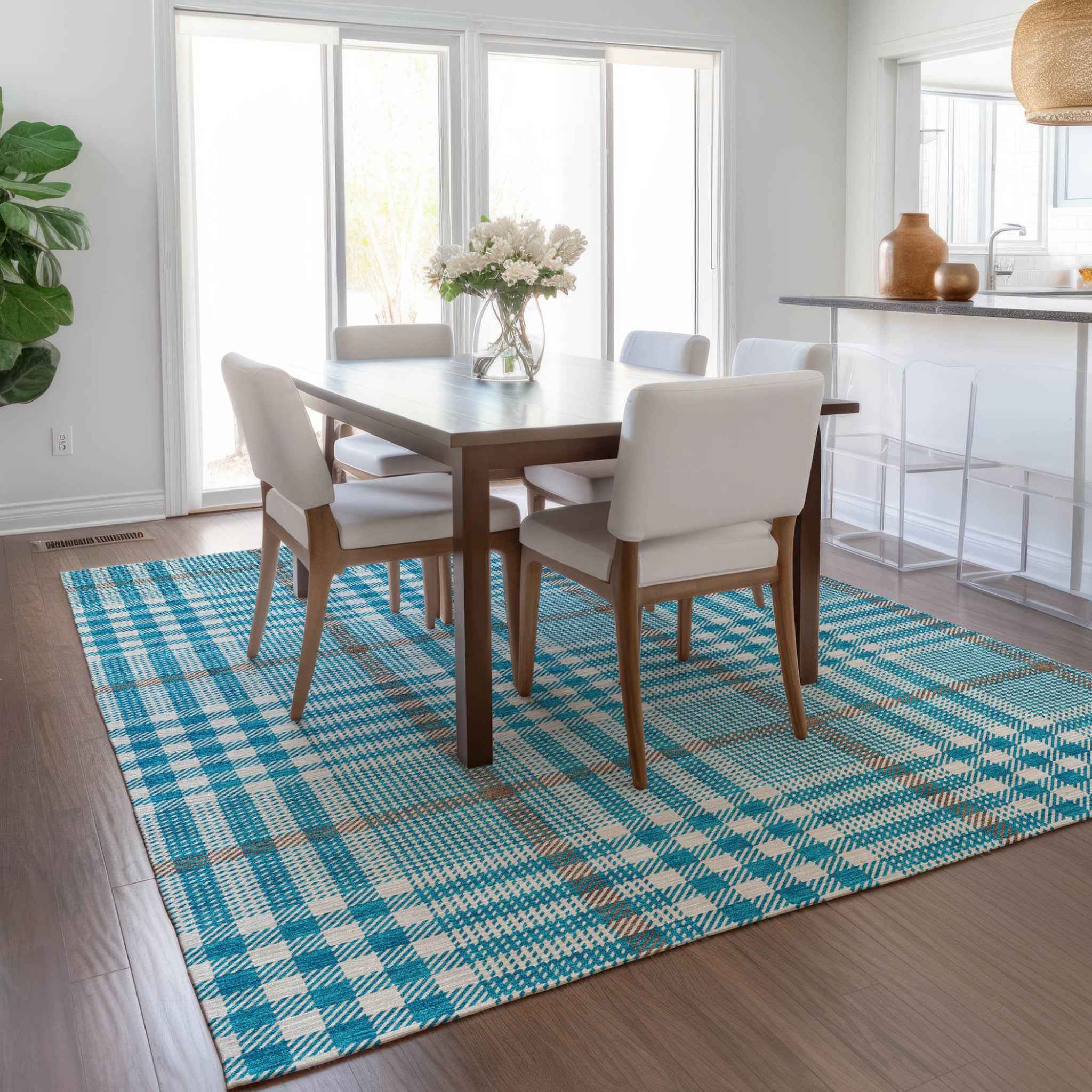9' X 12' Teal Blue Ivory And Brown Plaid Washable Indoor Outdoor Area Rug