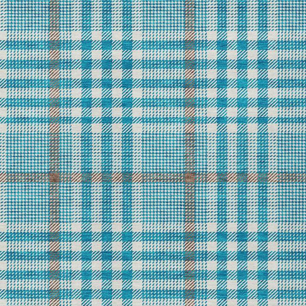 9' X 12' Teal Blue Ivory And Brown Plaid Washable Indoor Outdoor Area Rug